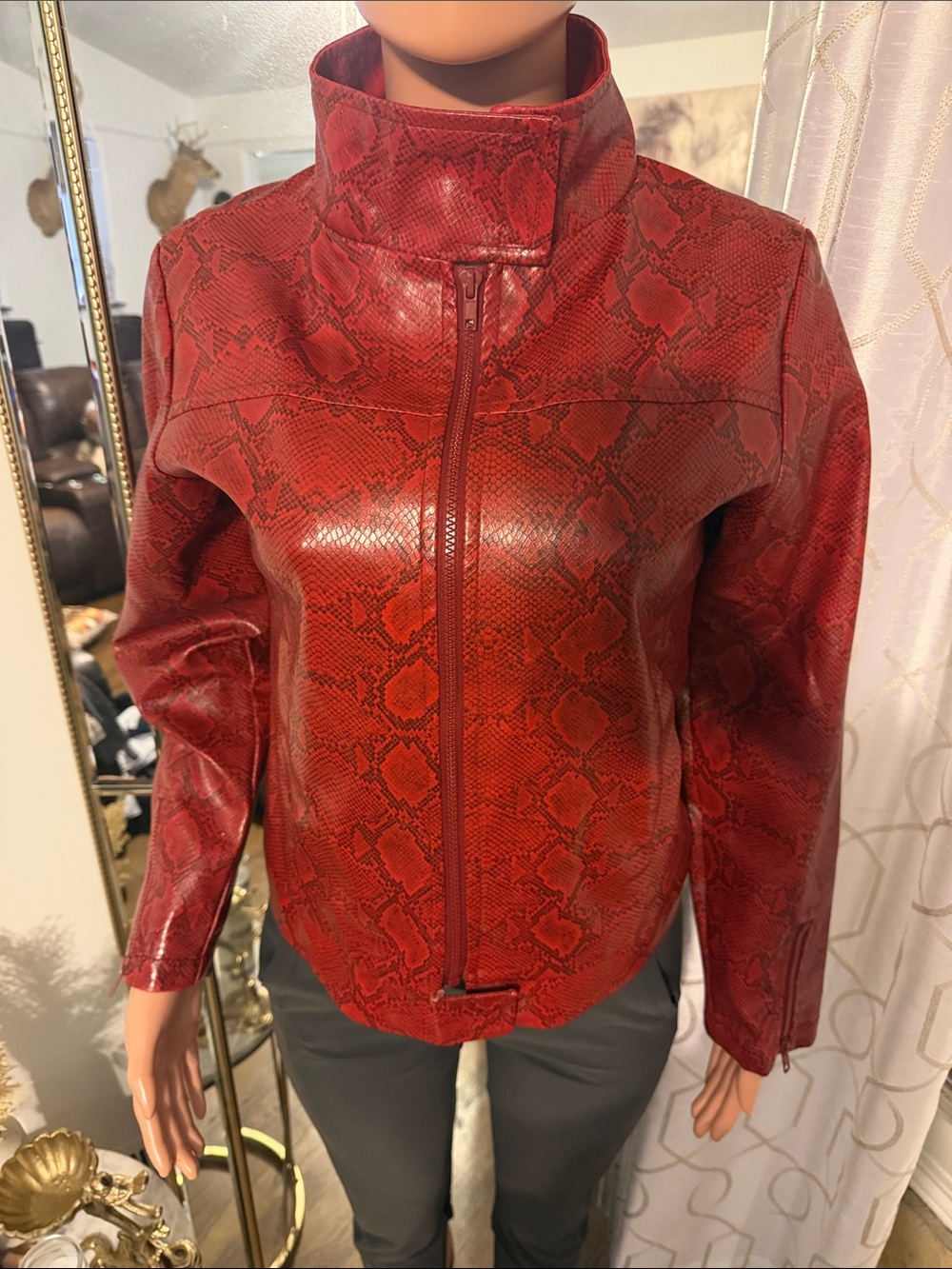 Red Snake-Print Faux Leather Jacket - Women's